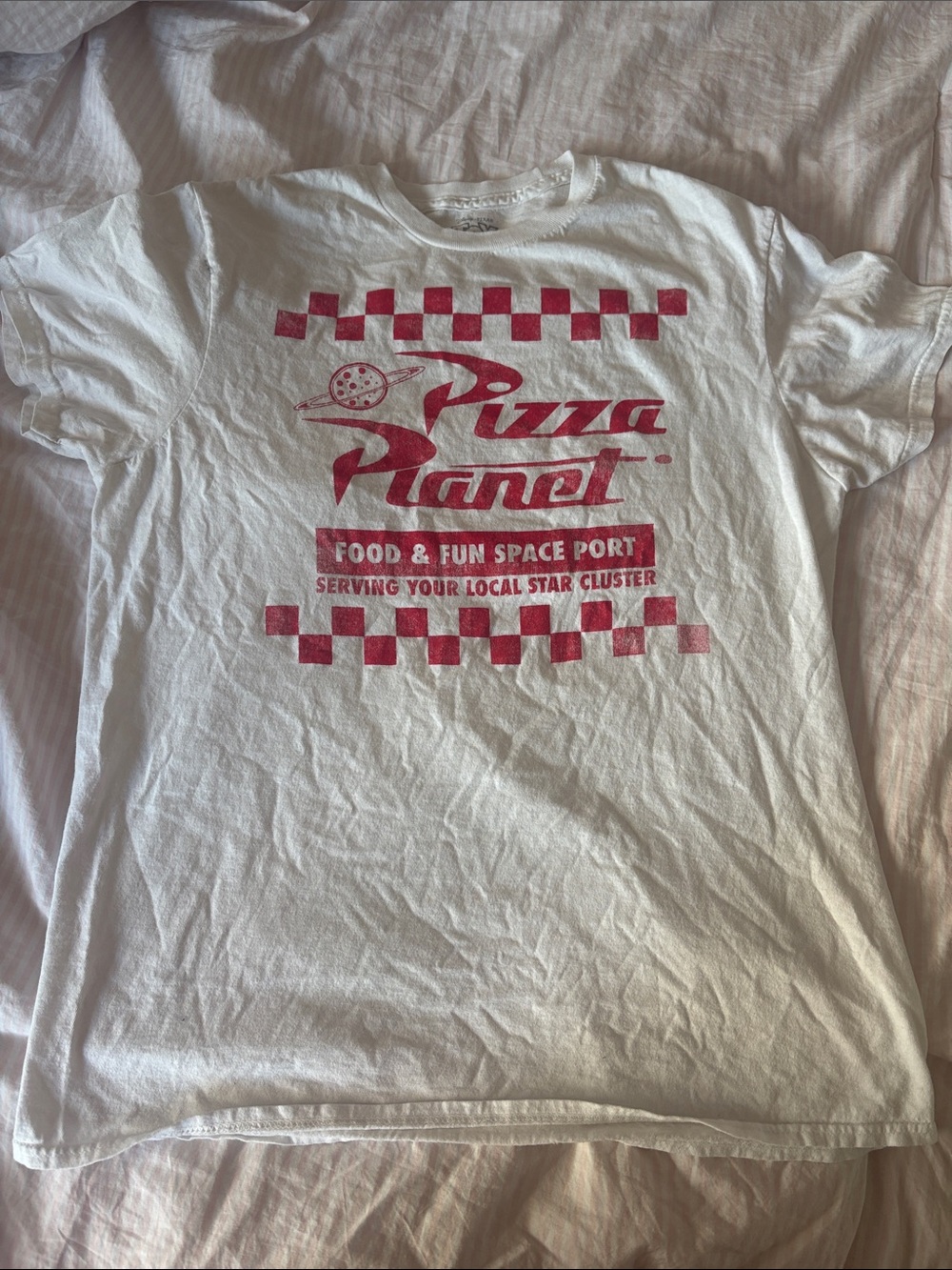 Disney White T-Shirt with Pink Pizza Planet Graphic